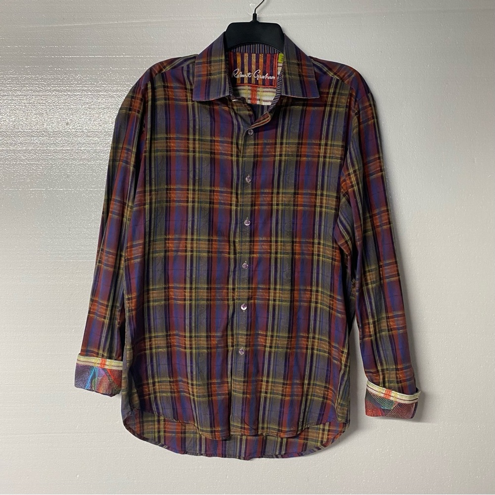 Robert Graham Shirt M Classic Fit Colorful Plaid Paisley Embroidered Button Down